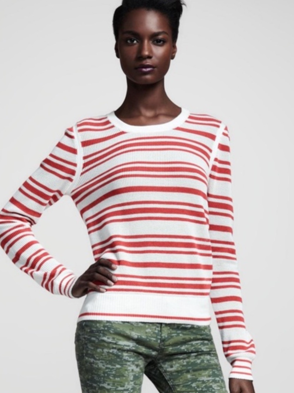 Rag & Bone Kathie Sweater Top Salmon Red and White Striped Crew Neck Size m